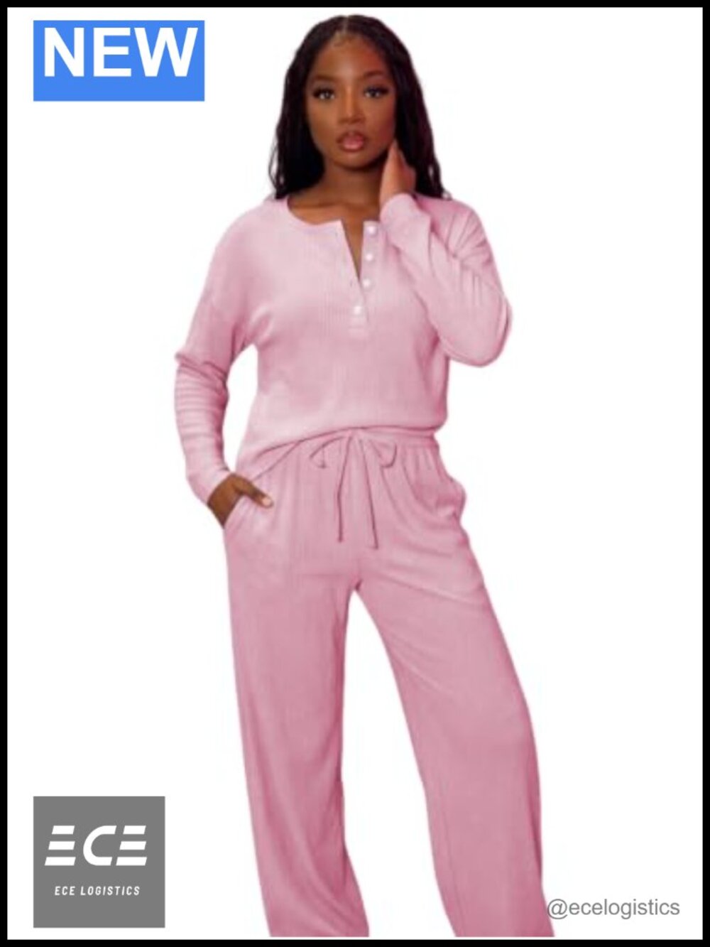 Women 2 Piece Ribbed Knit Lounge Set Long Sleeve Top Straight Leg Pants